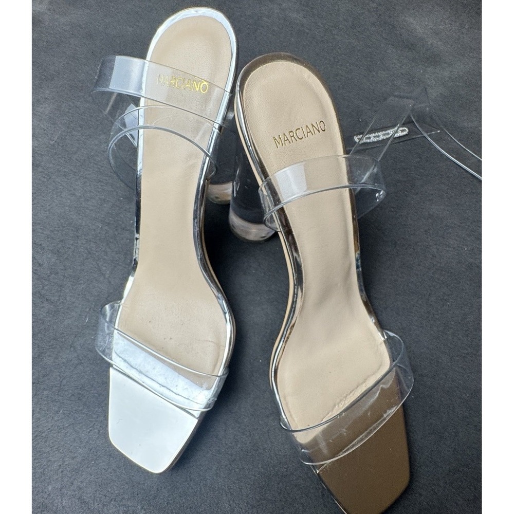 Marciano Clear Strap Heels Square Toe Silver Metallic Nude Mules 8.5 38.5